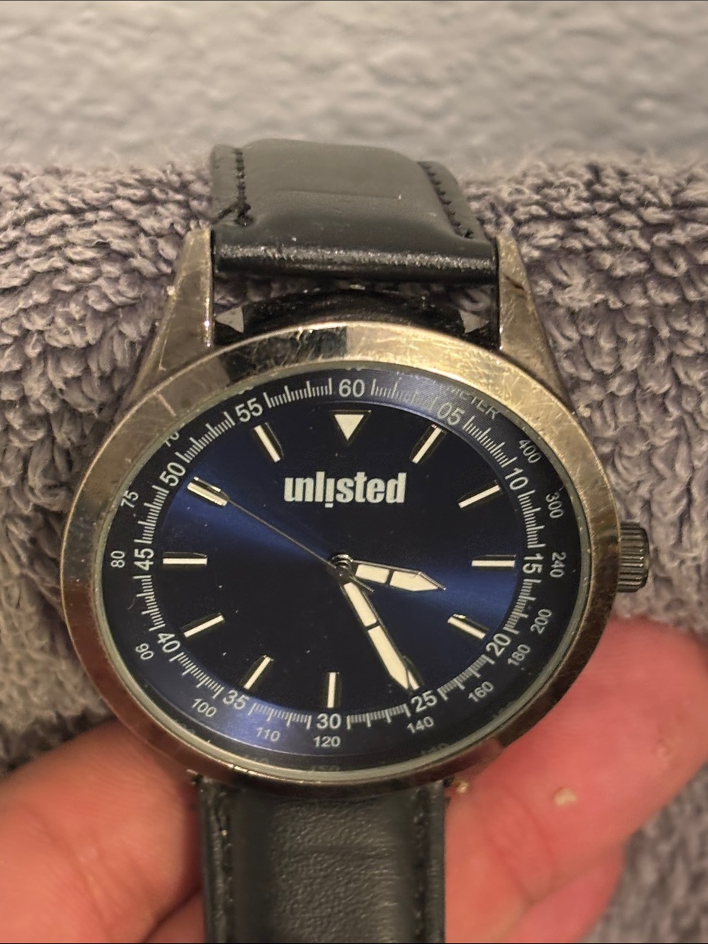 Unlisted Blue Sunburst Dial Silver-Tone Case Black Strap Watch